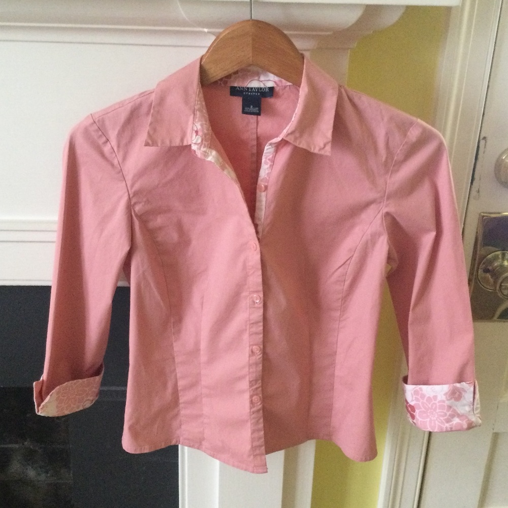 Vintage Y2K Ann Taylor Floral Trim Cuffs Button Down Shirt Pink Peach - Sz 2
